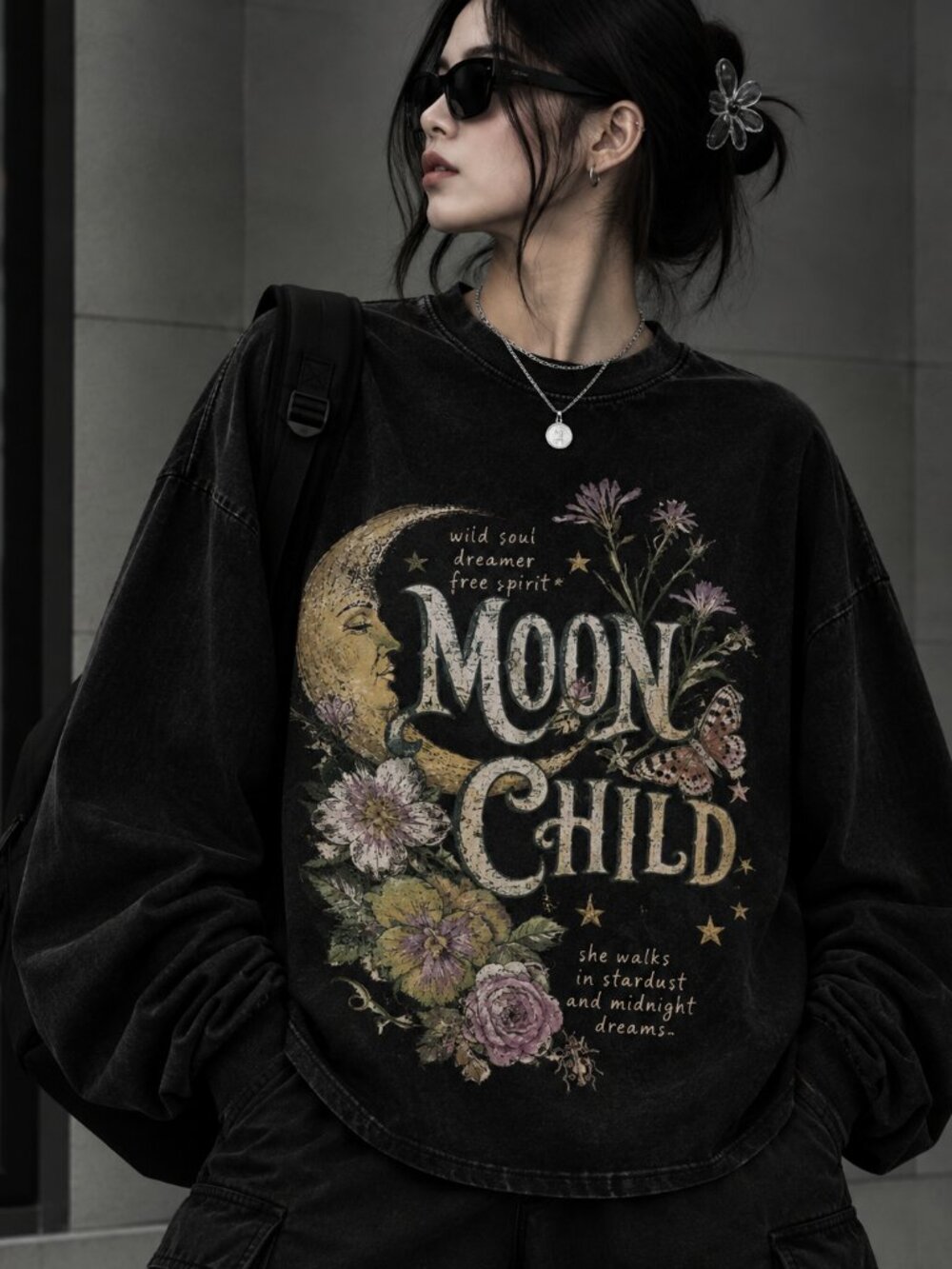 Moon Child Sweater, Celestial Boho Floral Goddess Graphic